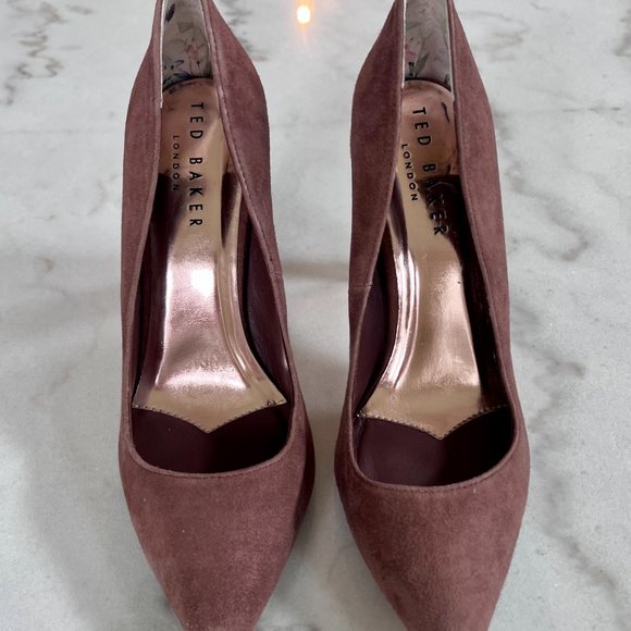 TED BAKER Bubeli Brown Suede Leather Pointed Toe Wide Heel Pumps 37.5 NEW - Picture 2 of 6